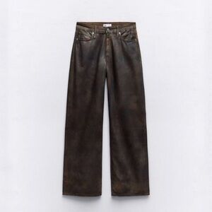 Zara Dark Brown/Black Splotch Mid Rise Loose Fit Foil Jeans 6 NWT